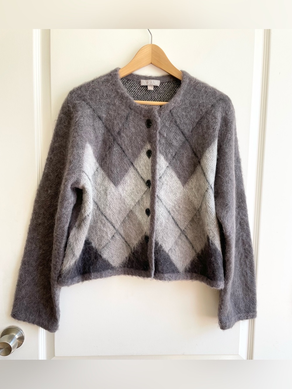 J Crew Argyle Fuzzy Cardigan Sweater Womens M Gray White Alpaca Preppy Fuzzy